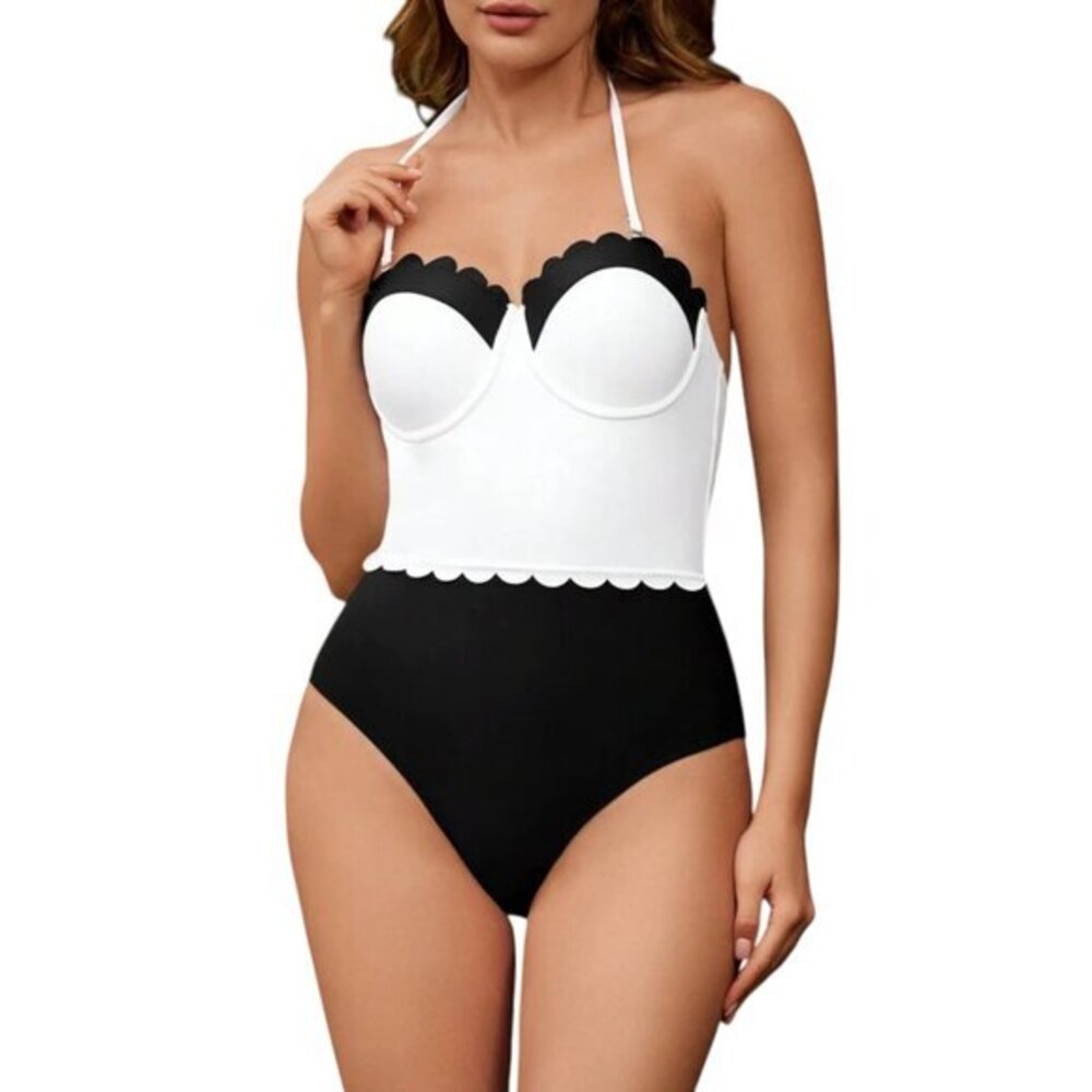 Black White Color Block Scallop Trim Push Up Halter Swimsuit Large NWT #2286